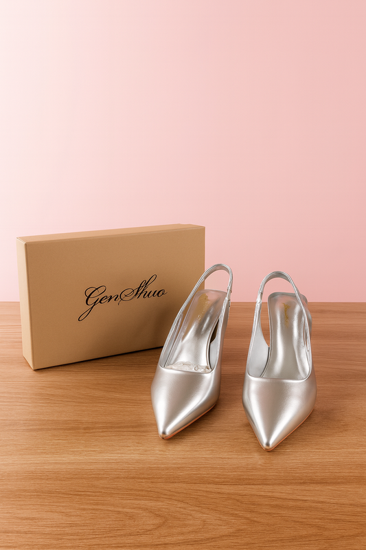 Elegant Silver Slingback Heels – Pointed Toe Bridal & Evening Pumps