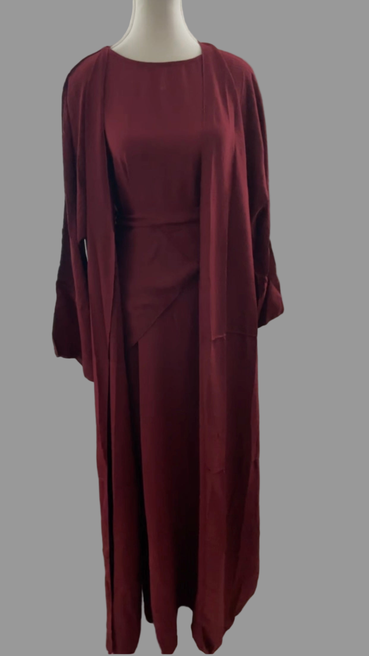 Luxury 3-Piece Maroon Abaya Set | Sleeveless Inner Dress + Open Abaya + Matching Skirt