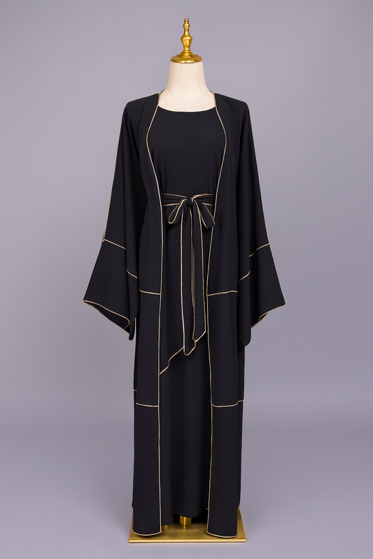 Black Gold-Trim Abaya Set – Luxury Three-Piece Modest Wear