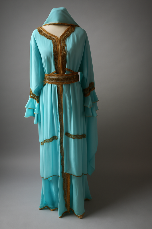 Light Blue Moroccan Kaftan – Hand-Embellished Luxury Gown With Shawl
