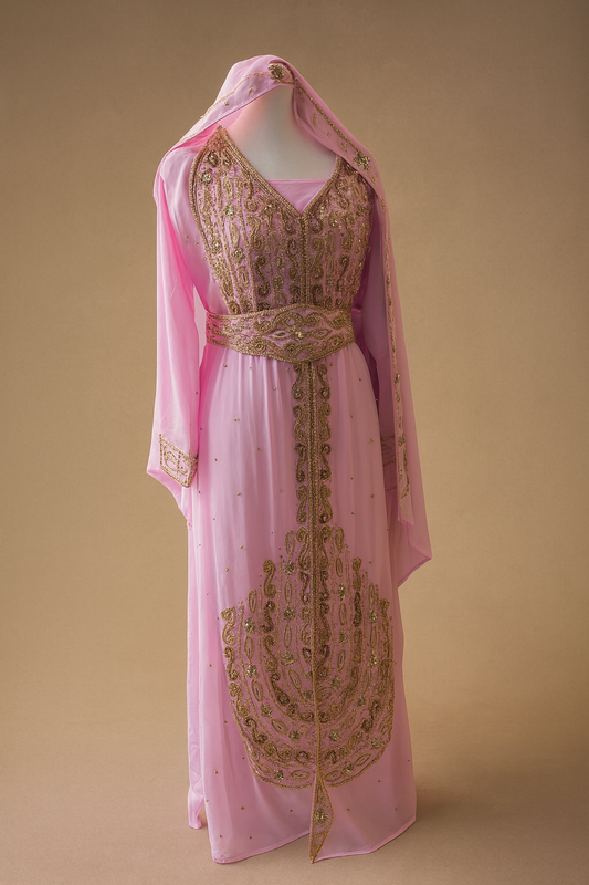 Pink Embellished Moroccan Kaftan – Luxury Gold Beaded Evening Dress, Three-Piece Dress