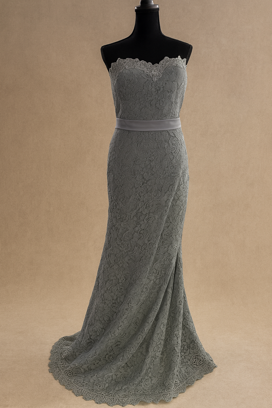 Silver Lace Evening Gown with Strapless Sweetheart Neckline & Fitted Silhouette